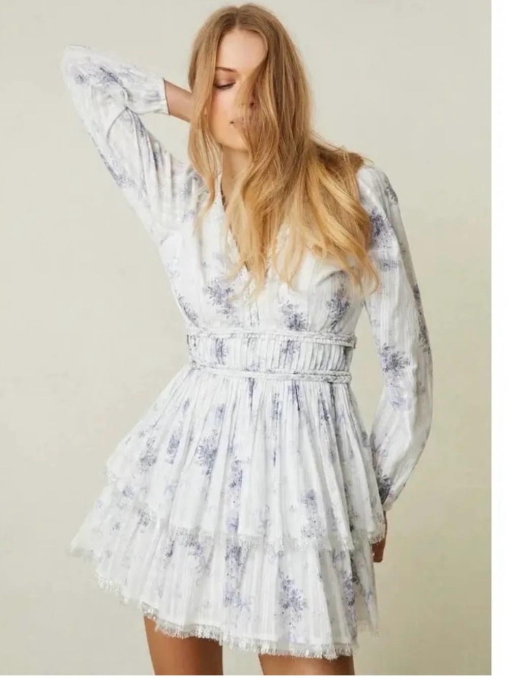 LoveShackFancy White and Gray Floral Smocked Waist Tiered Mini Dress